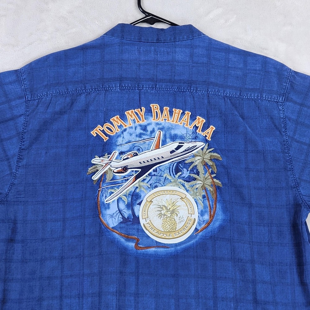 Tommy Bahama Shirt Mens XL Blue Silk Pineapple Express Jet Hawaiian Embroidered